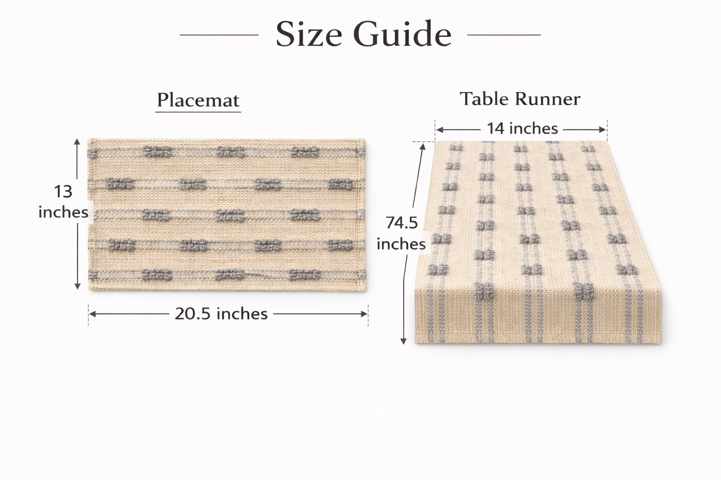Size guide for placemat and table runner with dimensions on a white background