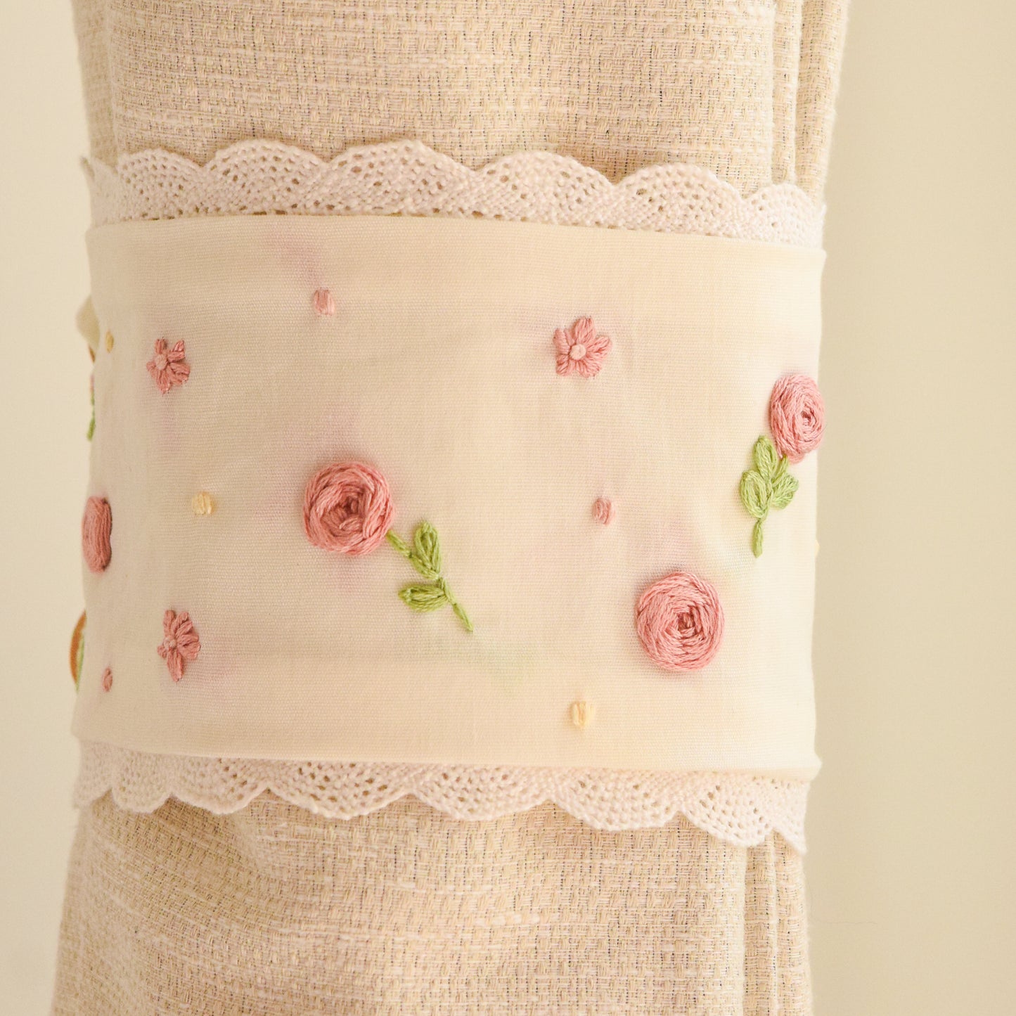 Blush Rose Hand-Embroidered Curtain Ties 2