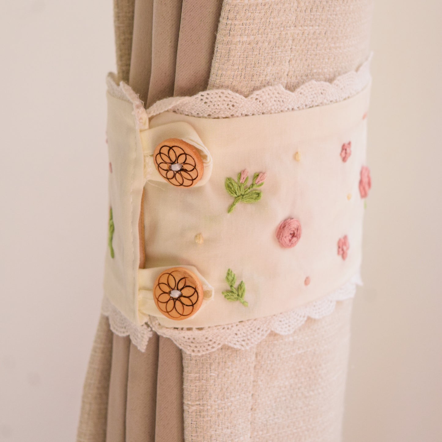 Blush Rose Hand-Embroidered Curtain Ties 3