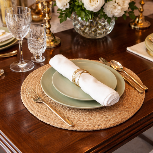 Dining table setting with plates, glasses, and cutlery on a wooden table.