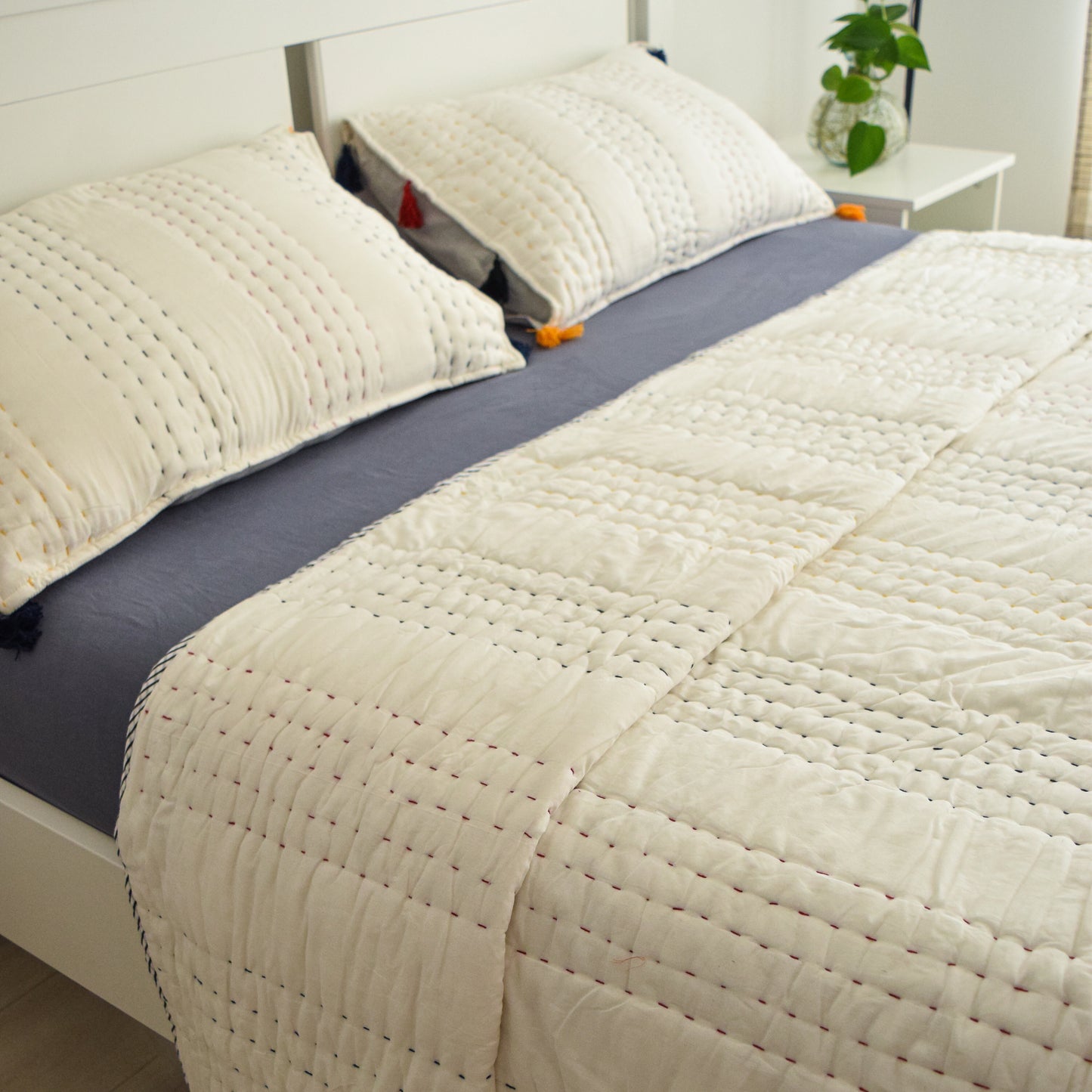 White Premium Quilt Set with Multicolored Threads