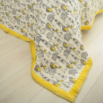 Kids' Animal Party Quilt – Yellow & Grey