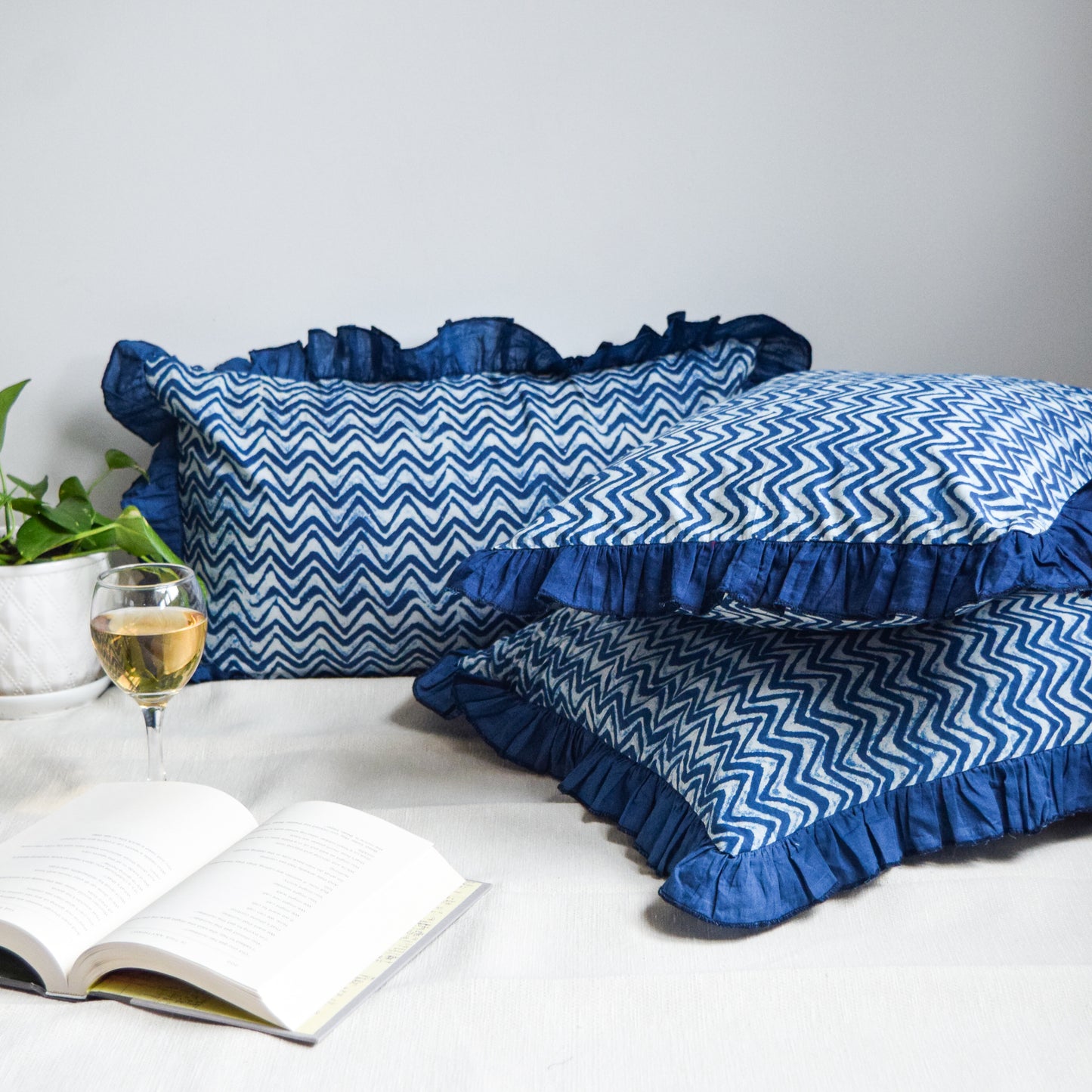 Indigo Stripes Ruffle Throw Pillow Covers