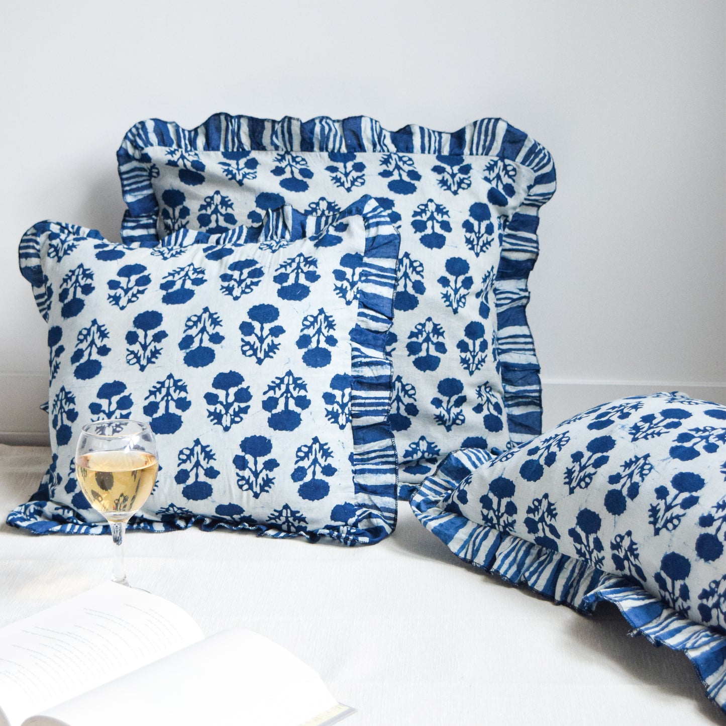 Indigo Marigold Ruffle Throw Pillow Covers
