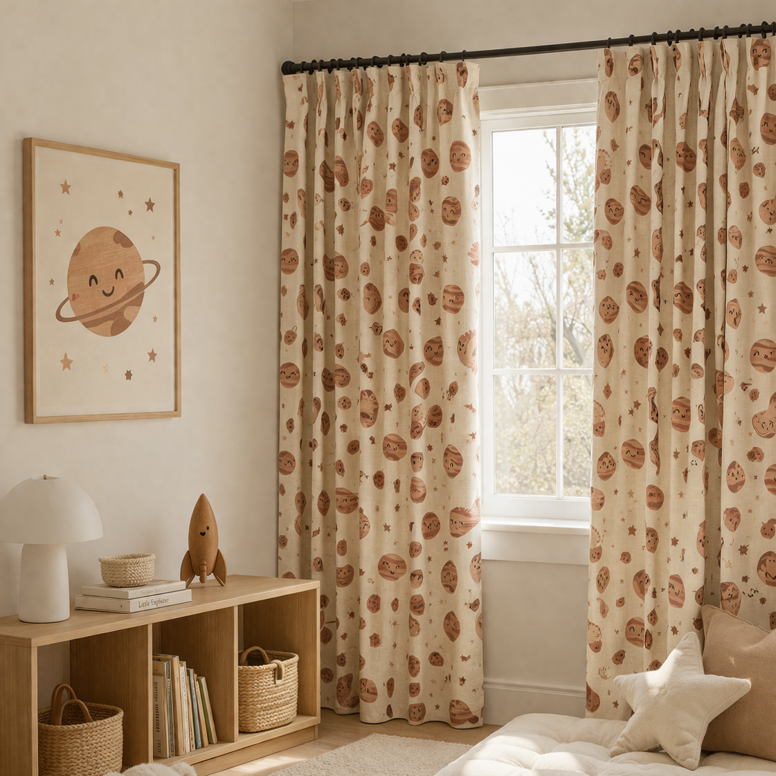 Nursery room with patterned curtains, teddy bear, and children's books.
