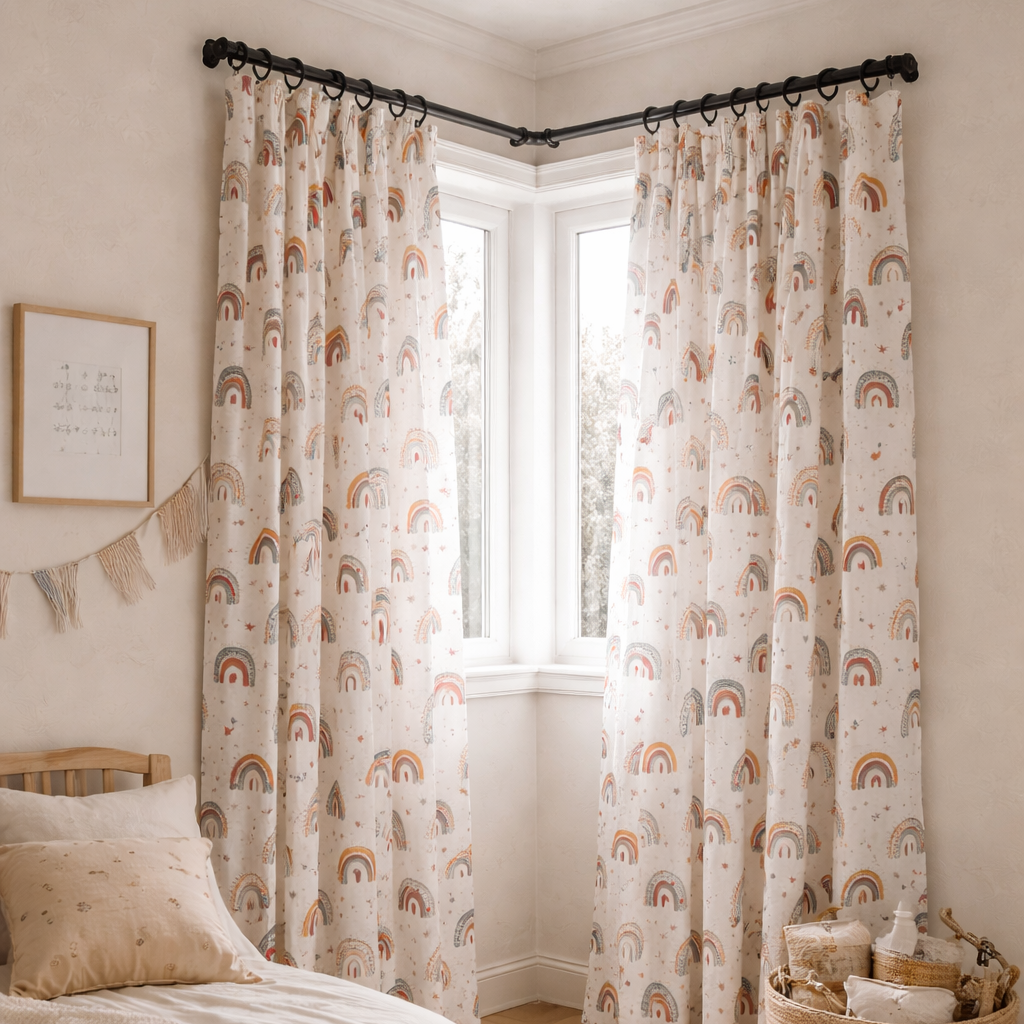 Children's bedroom with rainbow-patterned curtains, bed, and toys.