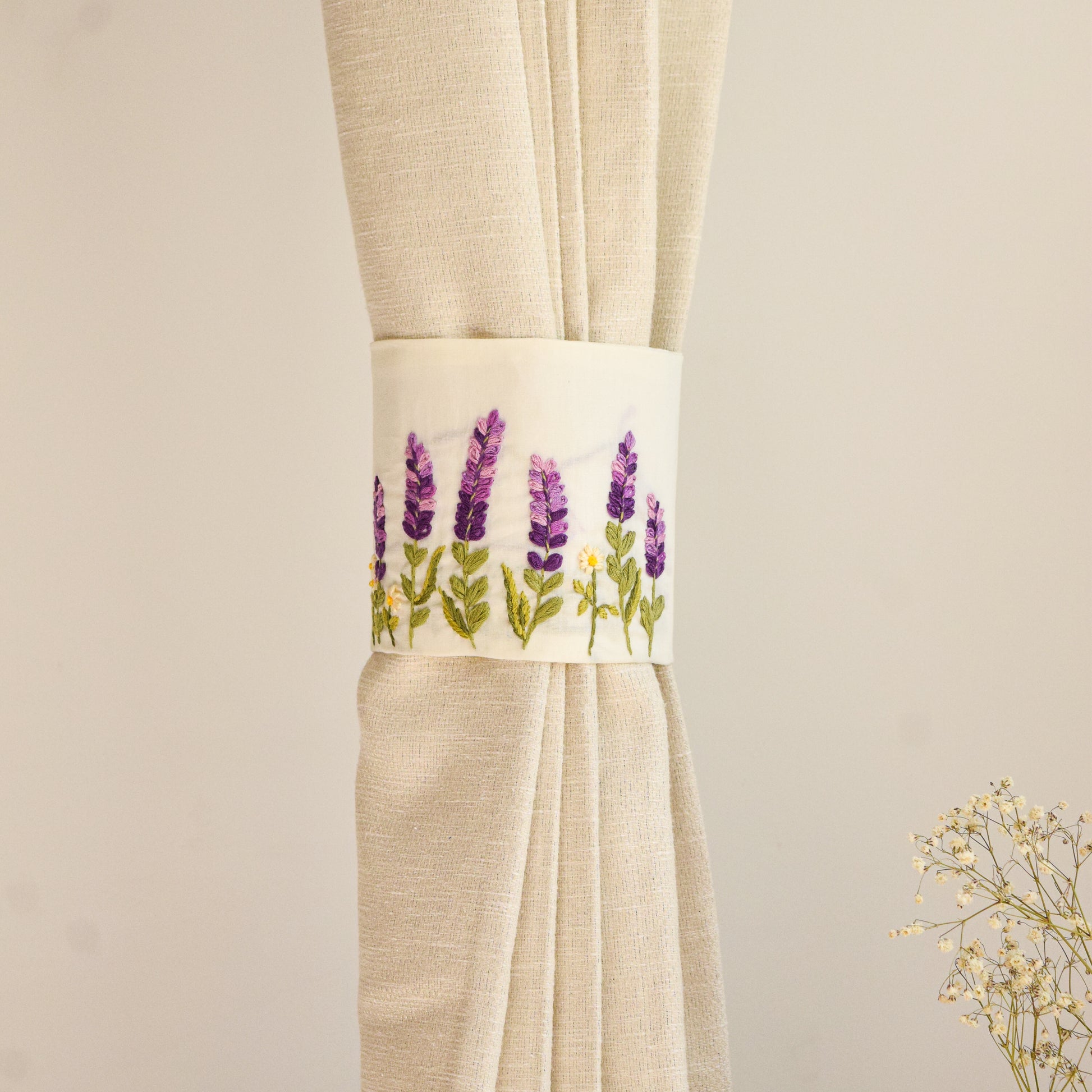 Lavender Haze Hand-Embroidered Curtain Ties 1