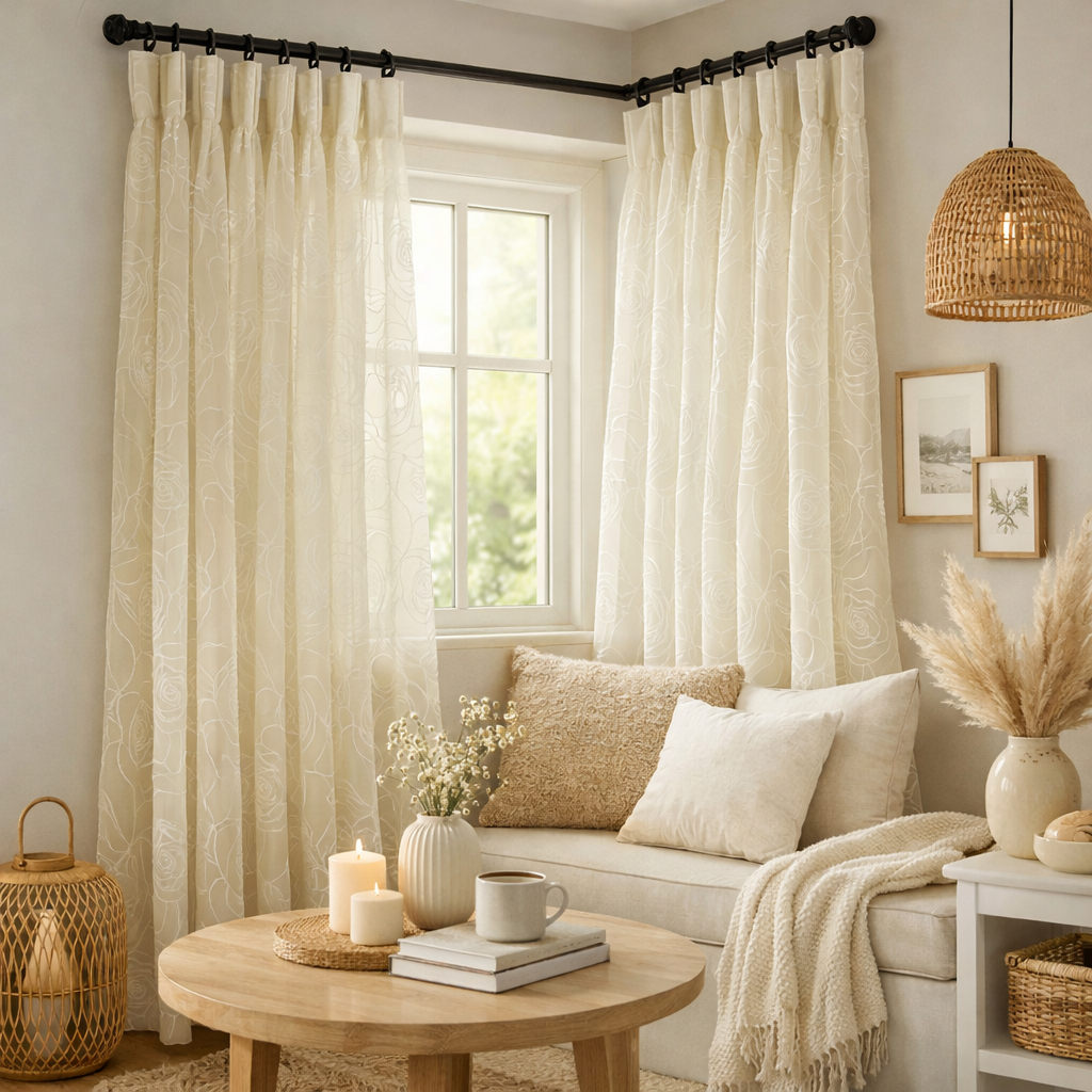 Cozy living room with beige curtains, a beige sofa, and decorative items.