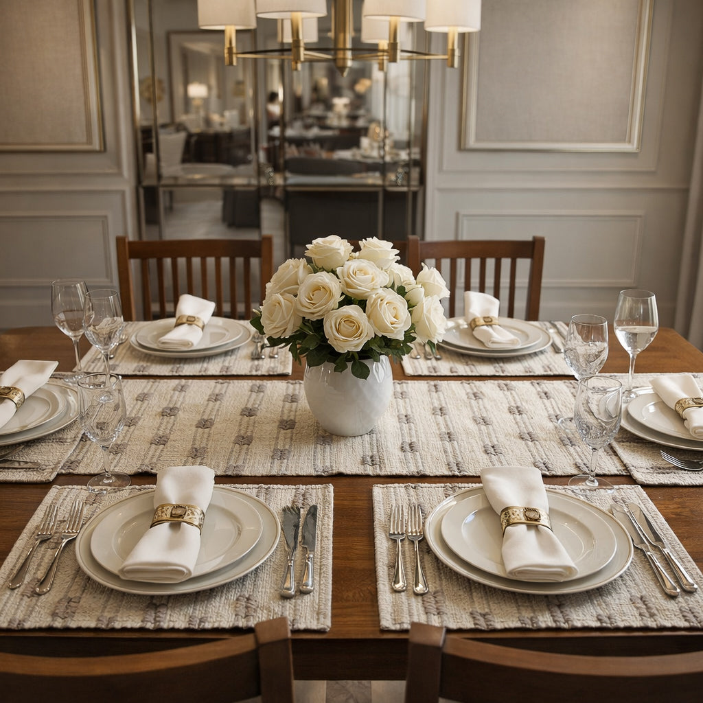Dining table set with white roses in the center, in a formal dining room.
