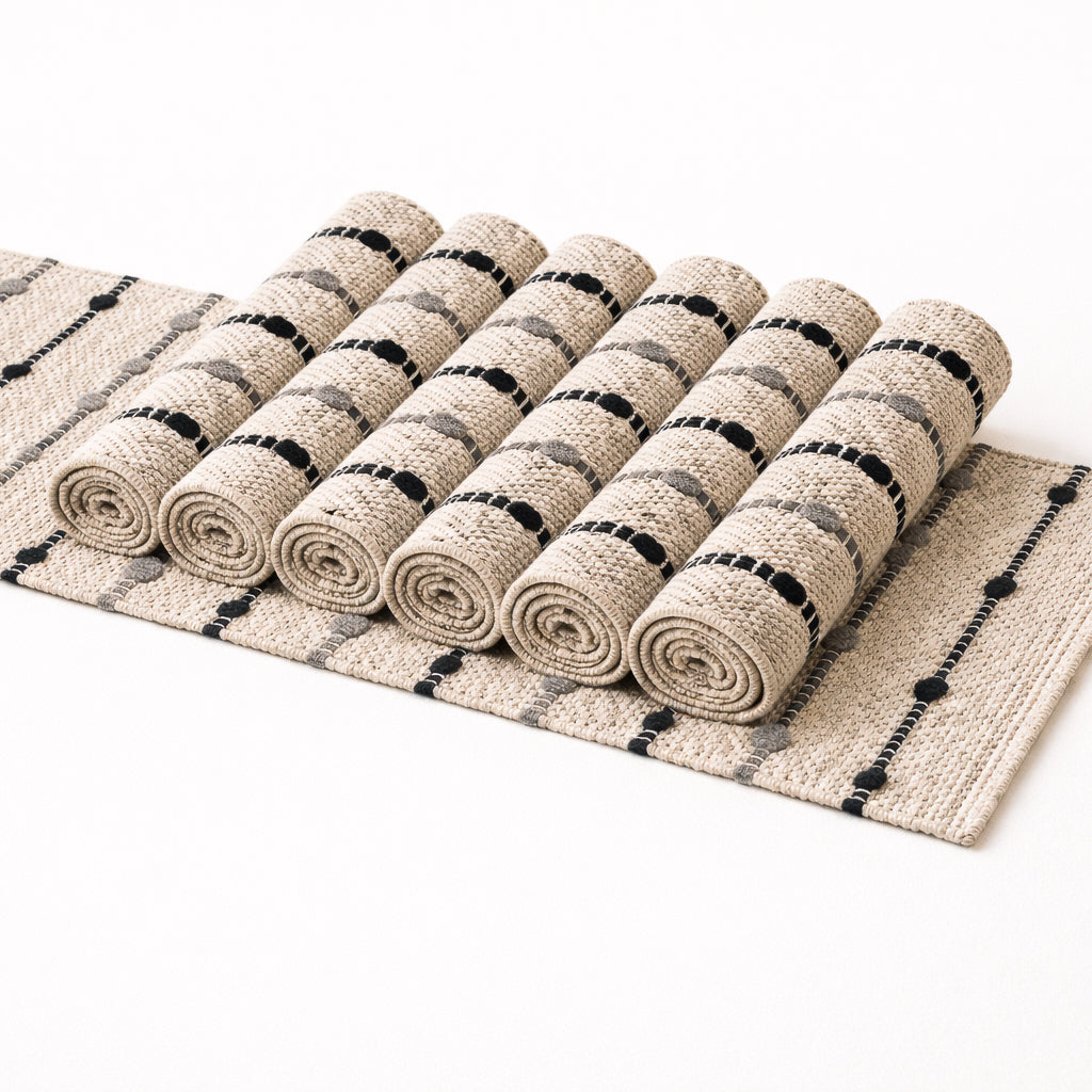 Set of rolled-up rugs with geometric patterns on a white background