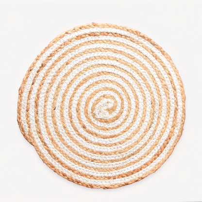 Round woven mat with concentric circles of beige and white on a light gray background