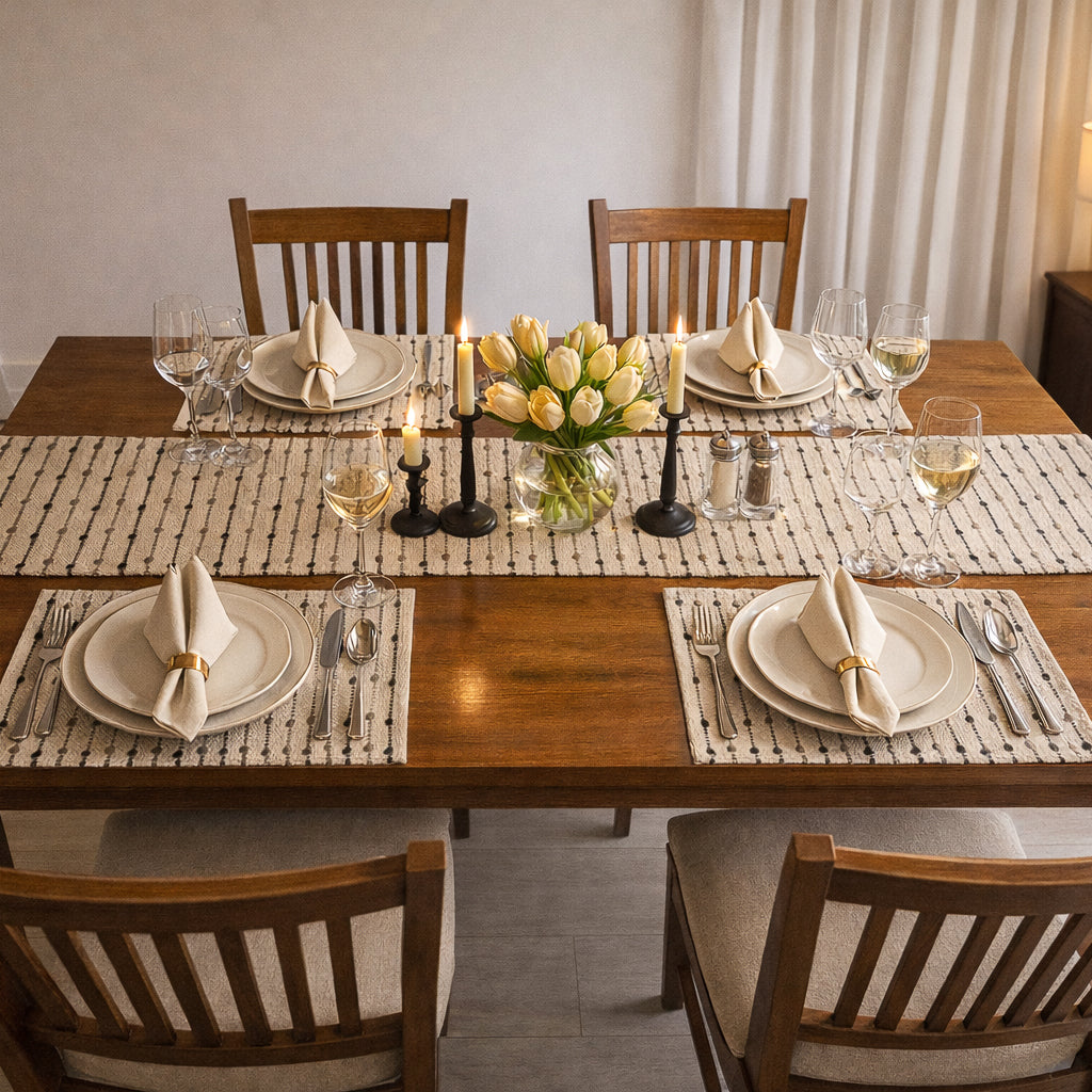 Dining table set with plates, glasses, candles, and a vase of flowers.