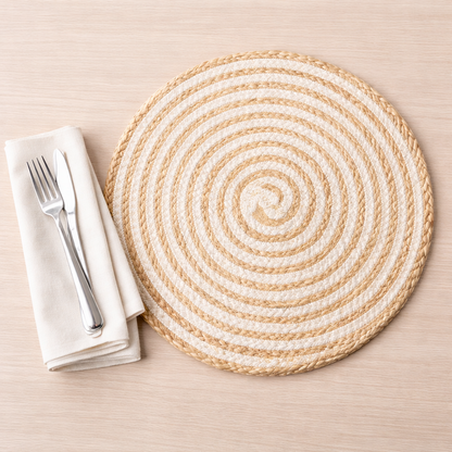 Round woven placemat with a folded white napkin and silverware on a beige surface