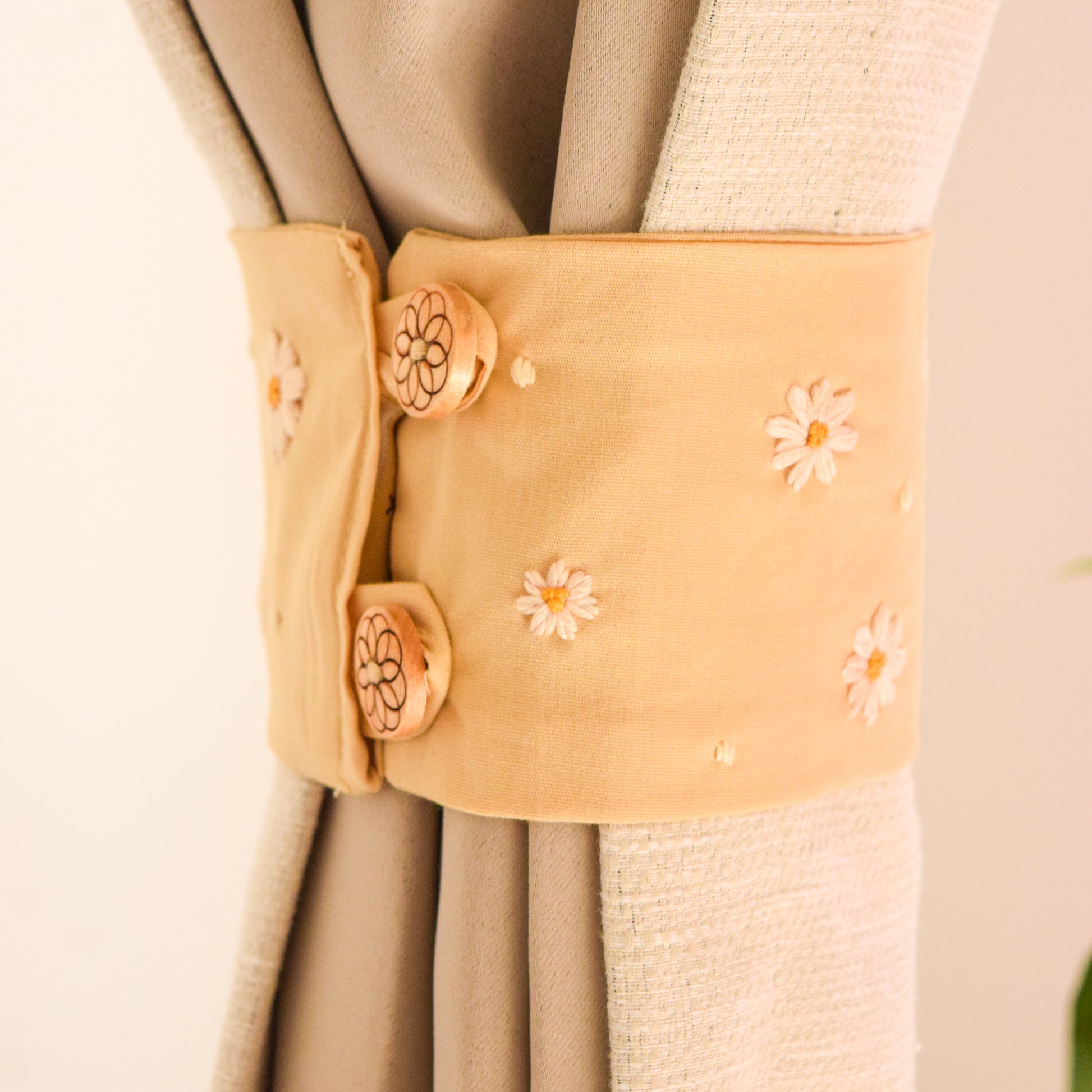 Sunny Daisy Hand-Embroidered Curtain Ties 2