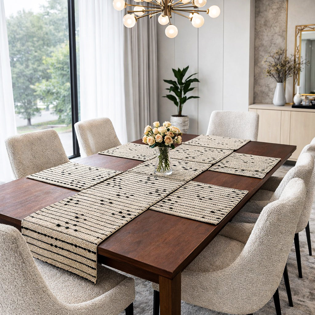 Dining room with a wooden table set for four, featuring patterned place mats and a vase of flowers.